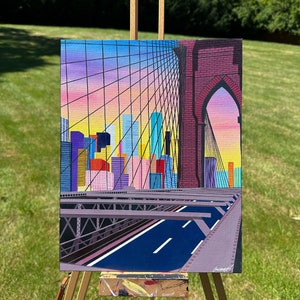 Brooklyn Bridge sunset, original acrylic landscape painting on canvas board, wall art, 11"x14"