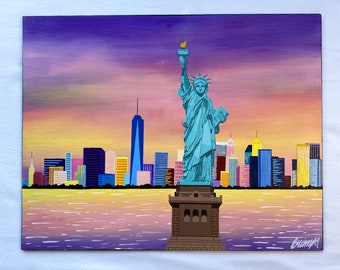Statue of Liberty sunset, original acrylic landscape painting on canvas board, wall art, 11"x14"