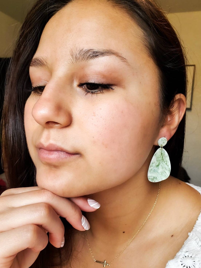 Emerald Green and Gold Polymer Clay Earrings, Geometric Green and Gold