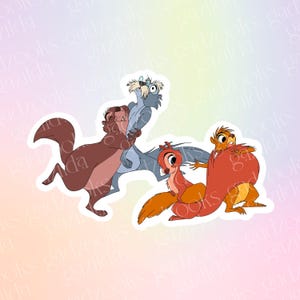 May include: A sticker featuring four cartoon squirrels in various poses. The squirrels are in shades of brown, orange, and gray, with one squirrel hugging another. The sticker has a white border and a pastel background.