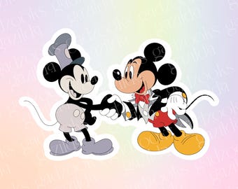 Mickey & Friends Sticker, Mickey Willie Handshake, Hand-Drawn Water Resistant Vinyl Sticker