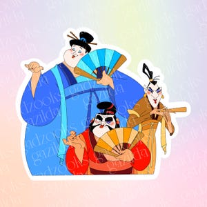May include: A sticker featuring three animated characters. One wears a blue robe and holds a blue fan. Another wears a red robe and holds an orange fan. The third wears a tan robe and holds a thin wooden pipe. The characters have stylized features.