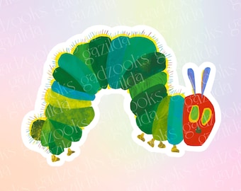 May include: A colorful sticker featuring a cartoon caterpillar with a red head, green body segments, and yellow feet. The caterpillar has large, round eyes and antennae. The sticker has a white border and is set against a pastel background.