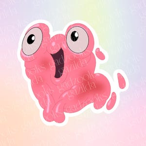 May include: A pink sticker featuring a cartoonish, blob-like creature with large, wide eyes and a smiling mouth. The creature has a smooth, glossy appearance and a white outline. The background is a gradient of pastel colors.