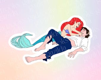 Little Mermaid Sticker, Ariel & Eric Washed Up, Hand-Drawn Waterproof Vinyl Sticker