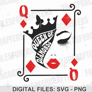 Queen Of Diamonds Playing Card SVG PNG, Stylish Queen Shirt SVG, Card Wall Art Sublimation Design, Digital Craft Files For Cricut/Silhouette