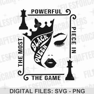 Regina nera SVG PNG, il pezzo più potente del gioco SVG, pezzo degli scacchi della regina, ispiratore, design a sublimazione, file di download digitale