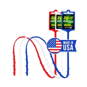 May include: Three drain snakes in red, white, and blue colors with a "Zip-iT Drain Snake" label. The label says "Unclogs Drains in Seconds" and "Made in USA".