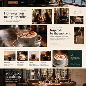 May include: A website landing page for MO Coffee featuring photography of coffee cups, cafe interiors, and people. Text includes Your Coffee Moment, However you take your coffee, Inspired by the moment, and address details for 18 Willow Lane, Brookfield.