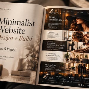 Może przedstawiać: Otwarty magazyn prezentujący portfolio projektowania stron internetowych. Lewa strona zawiera tekst Minimalist Website Design + Build Up to 5 Pages. Prawa strona przedstawia układ strony internetowej salonu kosmetycznego.