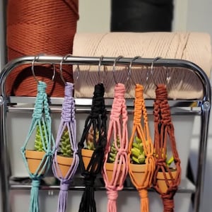 May include: Six macrame plant hangers with small potted plants hanging from a metal rack. The hangers are in various colors, including teal, lavender, black, pink, orange, and brown.