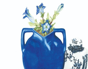 May include: A watercolor painting of a blue ceramic vase with two handles, filled with blue and green gentiana acaulis flowers. The vase is next to a smaller white ceramic vase with a blue and white floral pattern. The painting is signed "Gentiana Acaulis" and "J.P. Taylor 2021".