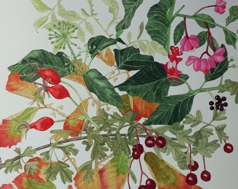 May include: Watercolor painting of a floral arrangement with pink flowers, green leaves, and red berries. The painting features a variety of foliage and flowers, including a few red berries.