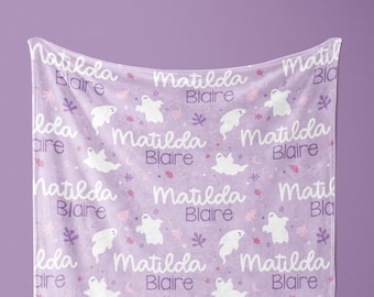 Halloween Name Blanket, Personalized Ghost Blanket, Halloween Blanket for Girl, Cute Ghost Blanket, Girly Blanket, Purple Halloween Blanket