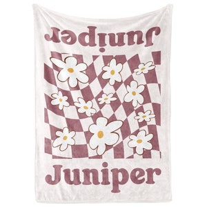 Personalized Retro Daisy Blanket, Plush Name Blanket, Checkered Flower Throw Blanket, Teenage Girl Gifts, Kids Christmas Gift, Retro Decor
