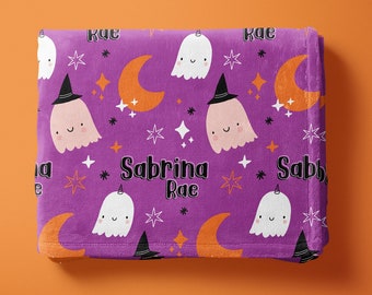 Cute Halloween Name Blanket, Personalized Ghost Blanket, Halloween Blanket for Girl, Cute Ghost Blanket, Kids Halloween Blanket