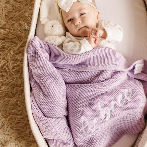 Embroidered Name Knit Blanket, Knitted Baby Name Blanket, Baby Name Blanket, Personalized Name, Name Blanket for Girl, Purple Baby Blanket