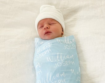 Baby Name Swaddle, Newborn Name Swaddle, Personalized Baby Name Swaddle, Hospital Blanket, Baby Shower Gift, Custom Baby Gift, Blue Swaddle
