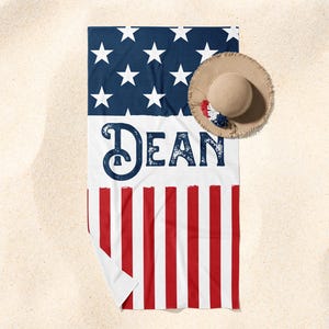 Patriotic Name Towel, Personalized Towel, Personalized Beach Towel, Towel with Name, Flag Design Towel, Red White and Blue Beach Towel