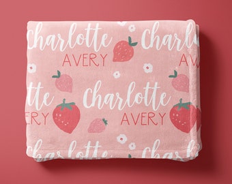 Pink Strawberry Name Blanket, Personalized Strawberry Blanket, Name Blanket for Girl, Cute Kids Nursery Decor, Gift For Baby Girl, Fruit