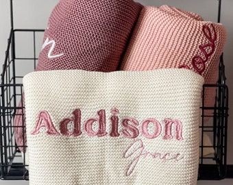 Embroidered Name Knit Blanket, Knitted Baby Name Blanket, Baby Name Blanket, Personalized Name, Name Blanket for Girl, Pink Baby Blanket