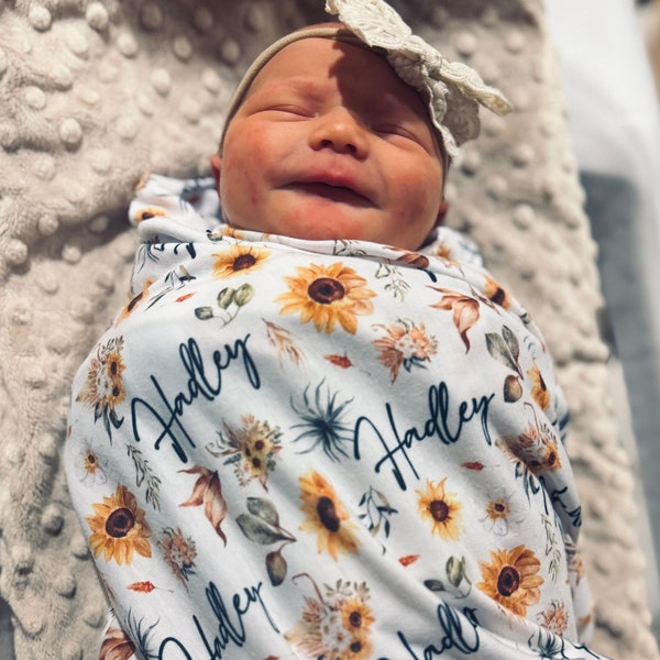 Baby Name Swaddle, Newborn Name Swaddle, Personalized Sunflower Swaddle, Baby Shower Gift, Custom Baby Gift, Baby Keepsake, Sunflower Baby