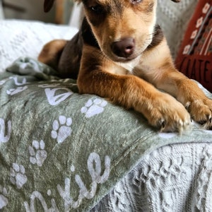 May include: A brown and black puppy with brown eyes is lying on a green blanket with white paw prints and the word "Dixie" written on it. The puppy is looking down at the blanket.