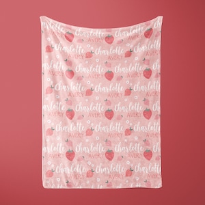 Pink Strawberry Name Blanket, Personalized Strawberry Blanket, Name Blanket for Girl, Cute Kids Nursery Decor, Gift For Baby Girl, Fruit image 2