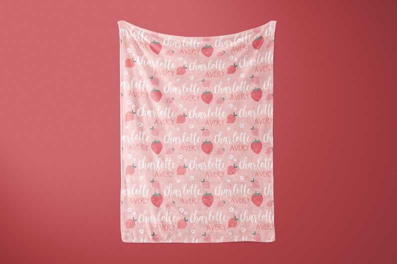 Pink Strawberry Name Blanket, Personalized Strawberry Blanket, Name Blanket for Girl, Cute Kids Nursery Decor, Gift For Baby Girl, Fruit image 2