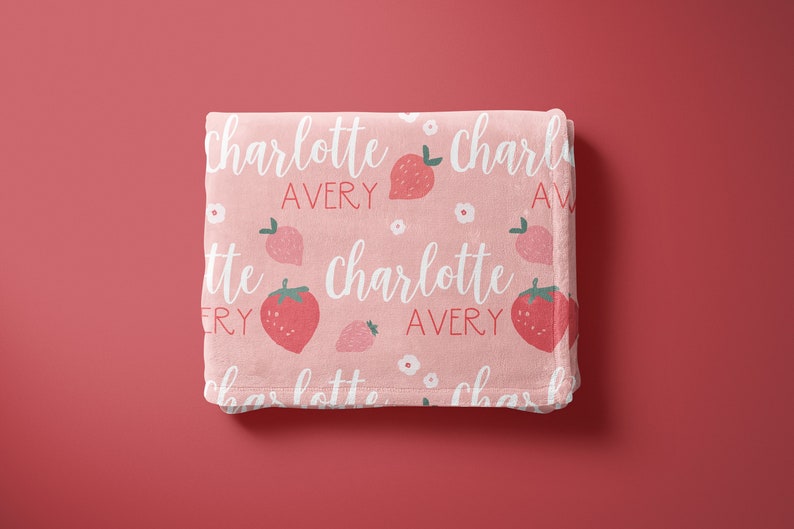 Pink Strawberry Name Blanket, Personalized Strawberry Blanket, Name Blanket for Girl, Cute Kids Nursery Decor, Gift For Baby Girl, Fruit image 1