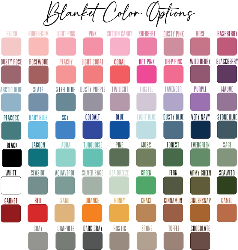May include: A chart of 48 color swatches with names for each color. The colors are arranged in rows and columns. The colors include shades of pink, blue, green, brown, red, orange, and gray.