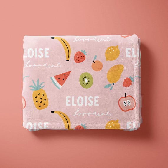 Fruity Name Blanket, Personalized Strawberry Blanket, Name Blanket for Girl, Cute Kids Nursery Decor, Gift For Baby Girl, Fruit Blankie