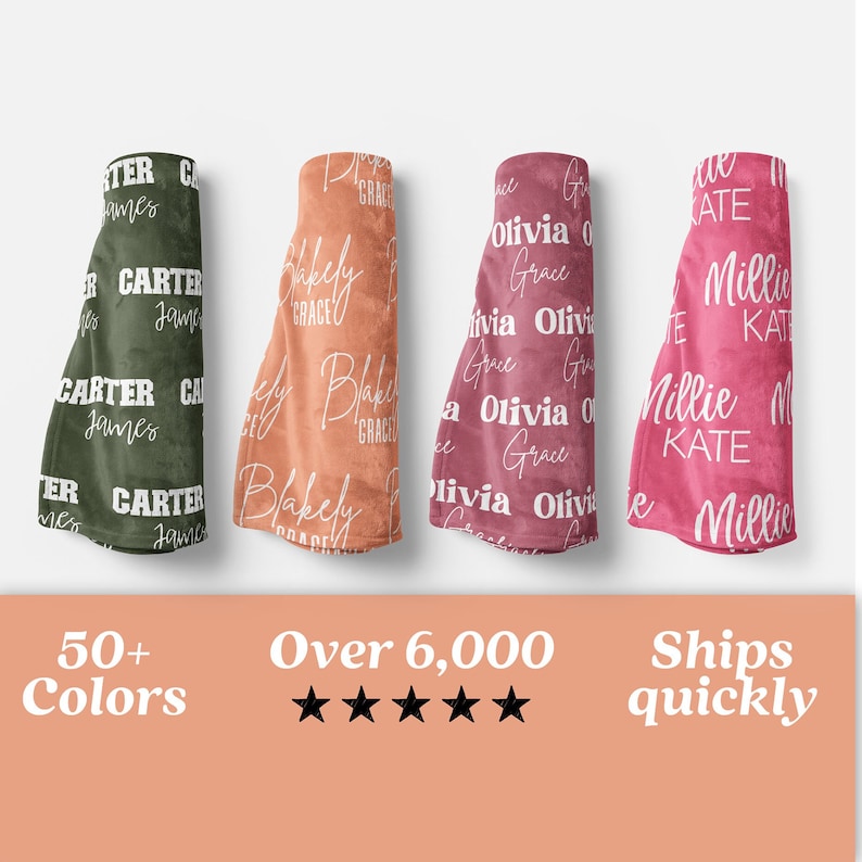 May include: Four rolled blankets in shades of green, peach, burgundy, and pink. Each blanket is personalized with a name in white script. The blankets are displayed against a light background. Text at the bottom reads "50+ Colors" and "Over 6,000".
