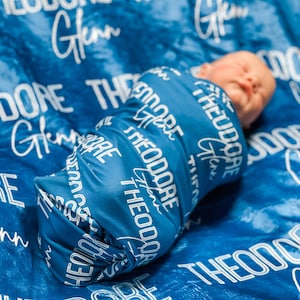 Baby Name Swaddle, Newborn Name Swaddle, Personalized Baby Name Swaddle, Hospital Blanket, Baby Shower Gift, Custom Baby Gift, Blue Swaddle