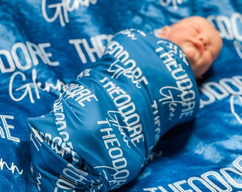 Baby Name Swaddle, Newborn Name Swaddle, Personalized Baby Name Swaddle, Hospital Blanket, Baby Shower Gift, Custom Baby Gift, Blue Swaddle