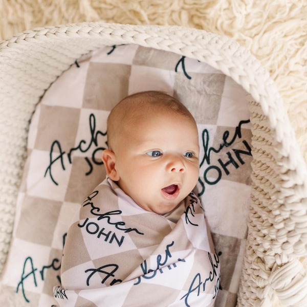 Baby Name Swaddle, Newborn Name Swaddle, Personalized Baby Name Swaddle, Hospital Blanket, Name Blanket for Boy, Checkered Baby Blanket