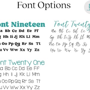 K&ouml;nnte beinhalten: Eine Grafik mit drei verschiedenen Schriftarten, die mit "Font Nineteen", "Font Twenty" und "Font Twenty One" beschriftet sind. Jede Schriftart zeigt das Alphabet in Gro&szlig;- und Kleinbuchstaben.