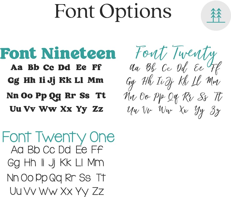 K&ouml;nnte beinhalten: Eine Grafik mit drei verschiedenen Schriftarten, die mit "Font Nineteen", "Font Twenty" und "Font Twenty One" beschriftet sind. Jede Schriftart zeigt das Alphabet in Gro&szlig;- und Kleinbuchstaben.