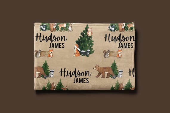 Woodland Blanket, Wildlife Name Blanket, Woodland Theme Nursery Decor,  Personalized Forest Animal Blanket, Name Blanket for Boy