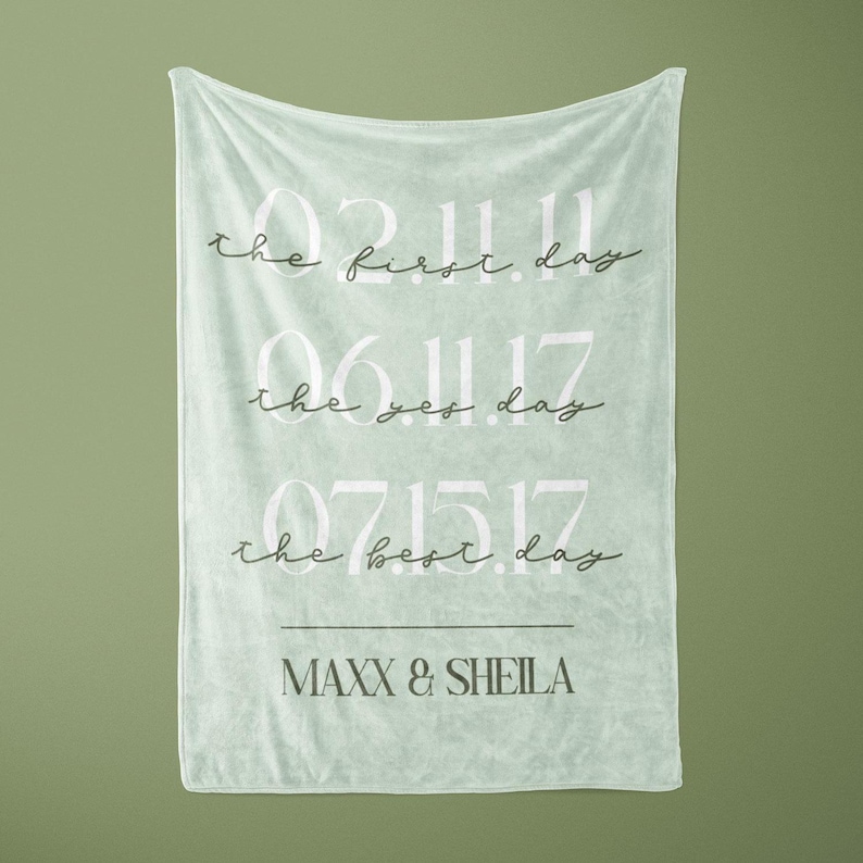Puede incluir: Una manta verde claro con texto blanco. La manta presenta tres fechas: 02.11.11, 06.11.17 y 07.15.17, cada una seguida de una frase: "the first day", "the yes day" y "the best day". Los nombres "MAXX & SHEILA" est&aacute;n impresos debajo.