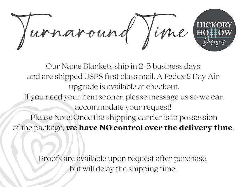 May include: White background with text that reads "Turnaround Time." The text explains that name blankets ship in 2-5 business days via USPS. A logo for Hickory Hollow Designs is in the upper right corner. Additional text explains shipping upgrades and proofs.