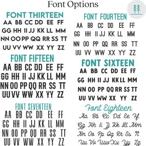 K&ouml;nnte beinhalten: Eine Grafik, die verschiedene Schriftarten zeigt, die mit "Font Thirteen", "Font Fourteen", "Font Fifteen", "Font Sixteen", "Font Seventeen" und "Font Eighteen" beschriftet sind. Jede Schriftart zeigt das Alphabet von A bis Z.