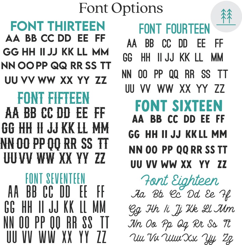 K&ouml;nnte beinhalten: Eine Grafik, die verschiedene Schriftarten zeigt, die mit "Font Thirteen", "Font Fourteen", "Font Fifteen", "Font Sixteen", "Font Seventeen" und "Font Eighteen" beschriftet sind. Jede Schriftart zeigt das Alphabet von A bis Z.