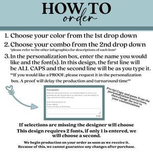 May include: A white background with instructions on how to order a personalized item. Text includes steps for color and combo selection, and personalization details. A text box shows an example of how to enter the name and fonts.