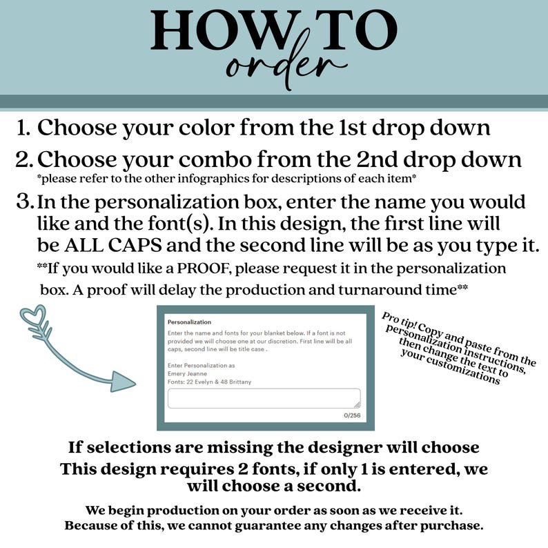 May include: A white background with instructions on how to order a personalized item. Text includes steps for color and combo selection, and personalization details. A text box shows an example of how to enter the name and fonts.