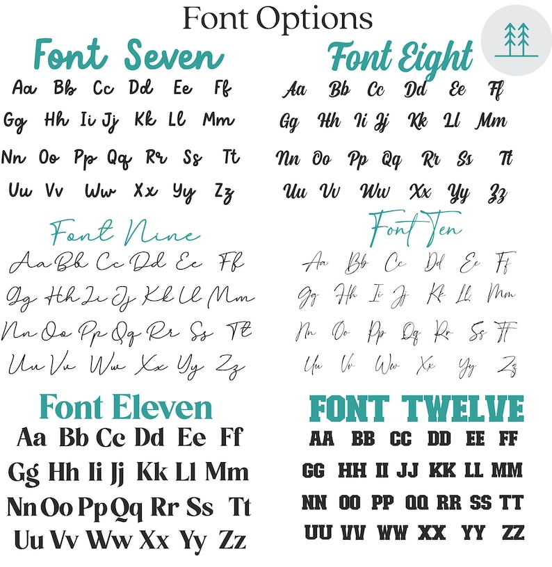 K&ouml;nnte beinhalten: Ein Diagramm, das zehn verschiedene Schriftarten zeigt, die mit "Font Seven", "Font Eight", "Font Nine", "Font Ten", "Font Eleven" und "FONT TWELVE" beschriftet sind. Jede Schriftart wird mit dem Alphabet von A bis Z angezeigt.