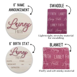 May include: A set of baby announcement and birth stat signs, along with a swaddle and blanket. The name "Lainey Faith" is displayed in pink script on a wooden round sign. The swaddle and blanket are a deep pink color with the name repeated in white script.