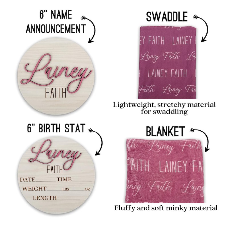 May include: A set of baby announcement and birth stat signs, along with a swaddle and blanket. The name "Lainey Faith" is displayed in pink script on a wooden round sign. The swaddle and blanket are a deep pink color with the name repeated in white script.