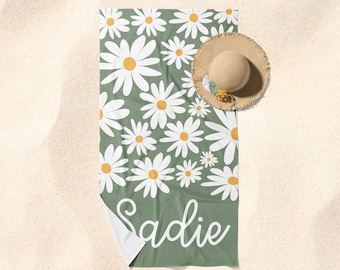 Girl Name Towel, Personalized Towel, Personalized Beach Towel, Towel with Name, Gift for Tween, Daisy Floral Towel, Boho Beach Towel, 35&quot;x60