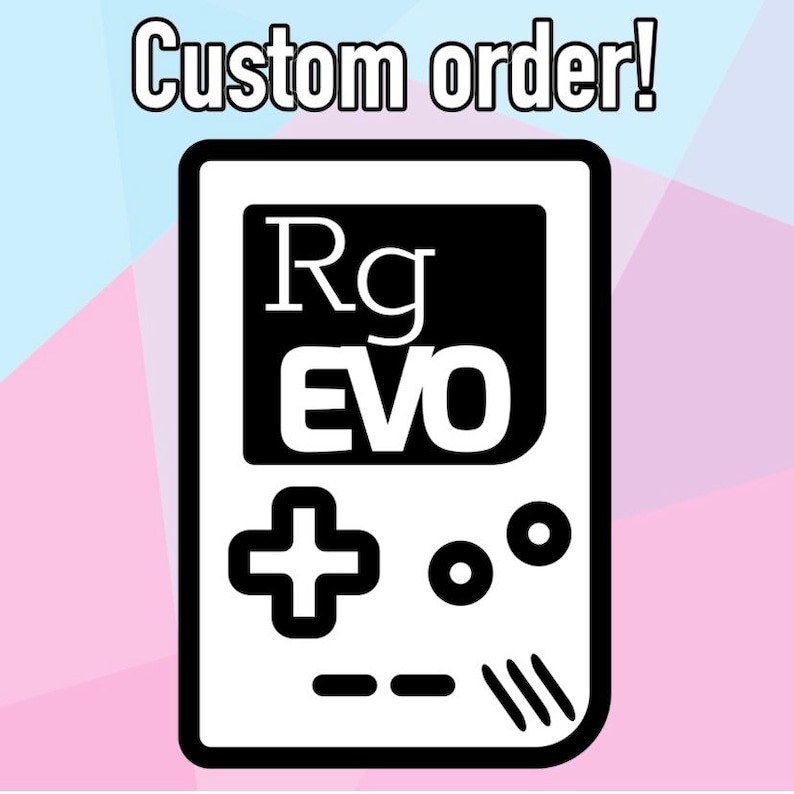 Op de afbeelding: Zwart-witte illustratie van een draagbare videogameconsole met de tekst "Rg EVO" op het scherm. De console heeft een plusknop, twee ronde knoppen en een reeks lijnen aan de onderkant.